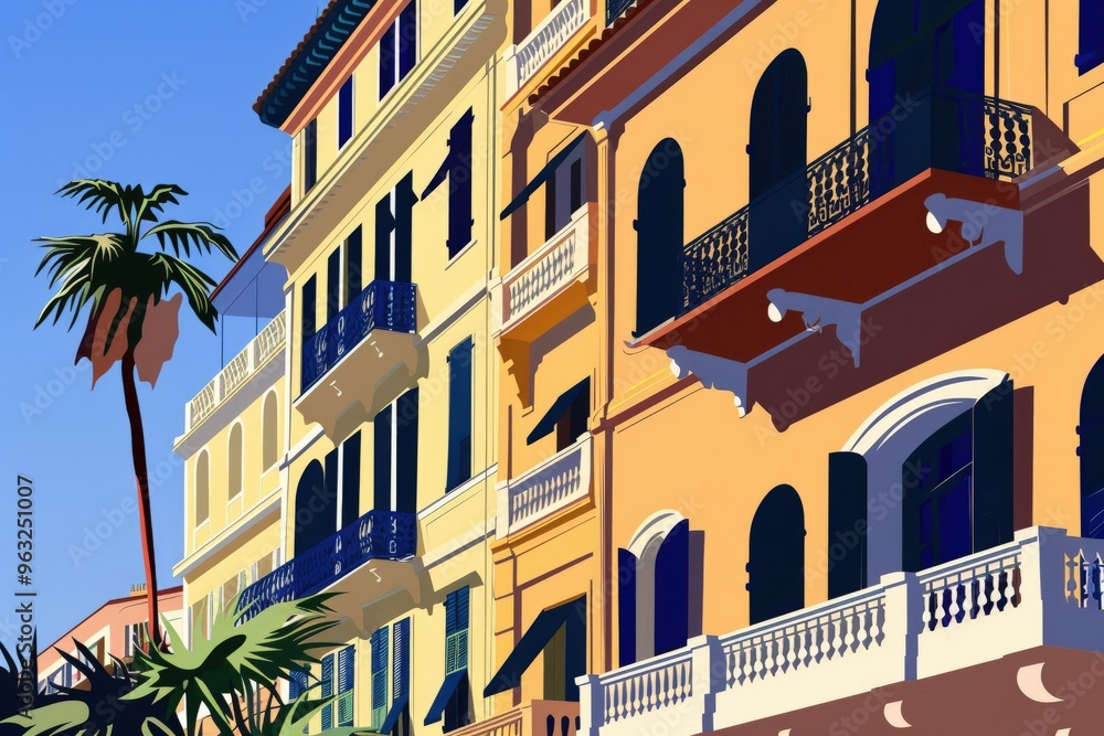 Naklejka premium Colorful facades of old houses along Nyhavn embankment in Copenhagen - upward view. Denmark. Beautiful simple AI generated image