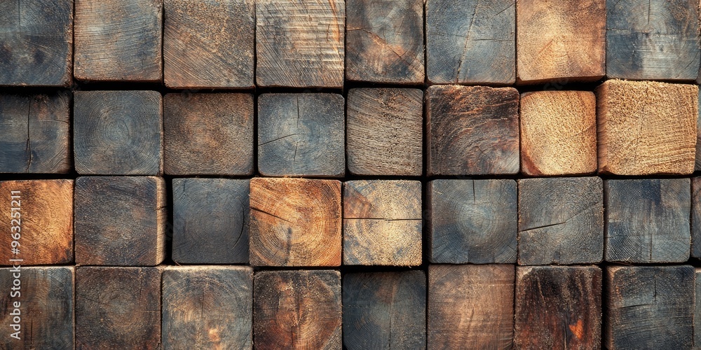 Natural wall made from timber blocks arranged in a square pattern. Natural wall made from timber blocks arranged in a square pattern.