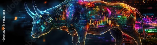 A vibrant, digitally enhanced depiction of a bull, showcasing neon colors and abstract patterns against a dark background. photo