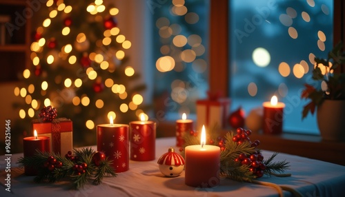 A close-up of a Christmas candle arrangement with red candles and festive ornaments, creating a warm and inviting holiday atmosphere.