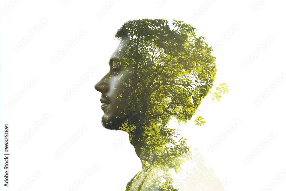Double Exposure Portrait of a Man with Green Tree Canopy Inside, Representing Nature and Mindfulness Double Exposure Portrait of a Man with Green Tree Canopy Inside, Representing Nature and Mindfulness