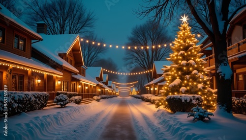 A festive Christmas scene with a snow-covered street lined with brightly lit houses and a large decorated Christmas tree, creating a warm and inviting atmosphere.