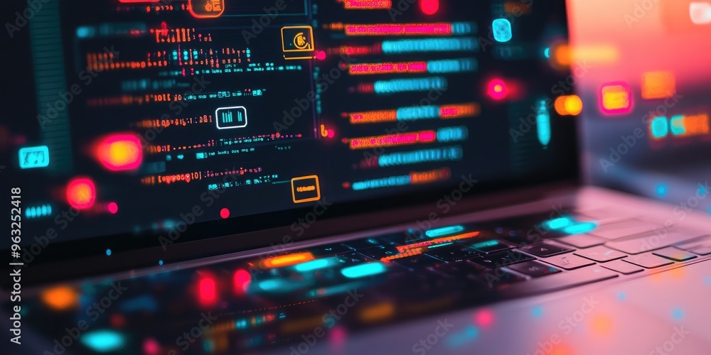 Software development concept with abstract programming code and network icons on a laptop screen. Software development concept with abstract programming code and network icons on a laptop screen.