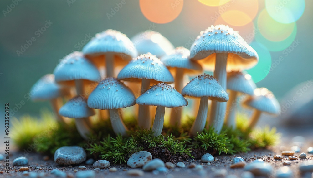 Fototapeta premium A cluster of blue mushrooms with white caps growing in a moss-covered forest, with a blurred background of warm-colored lights