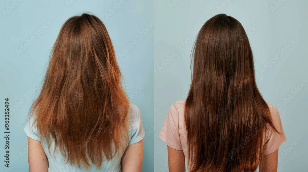 Hair transformation from sick and damaged to healthy and straightened. Concept Hair care, transformation, healthy hair, damaged hair, straightened hair Hair transformation from sick and damaged to healthy and straightened. Concept Hair care, transformation, healthy hair, damaged hair, straightened hair
