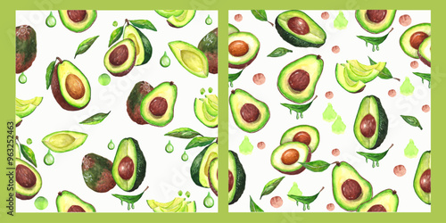 2 seamless patterns. All avocado elements are painted with watercolors.