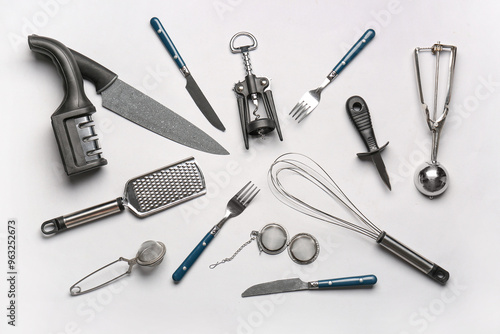 Set of kitchen utensils on grey background