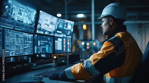 Engineers monitoring in control room with computer screens displaying system data 