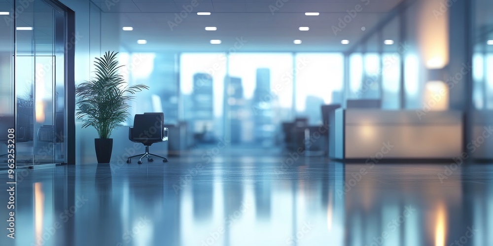 Fototapeta premium Blurred office interior with a defocused effect, suitable for a business backdrop.