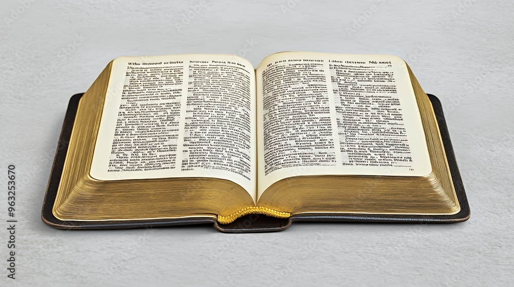 Obraz premium Open antique book with gilded pages and black leather cover on a white background.