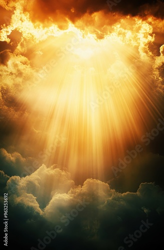 Golden rays of light break through dark clouds, creating a spiritual atmosphere. The beams symbolize faith, hope, and a connection to a higher power, evoking peace and God's presence