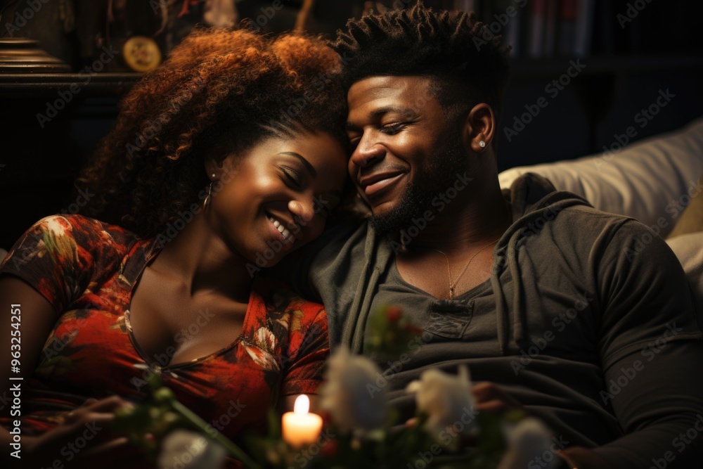 African American couple in bed - couple of beautiful and cheerful boyfriends at ho, generative IA African American couple in bed - couple of beautiful and cheerful boyfriends at ho, generative IA