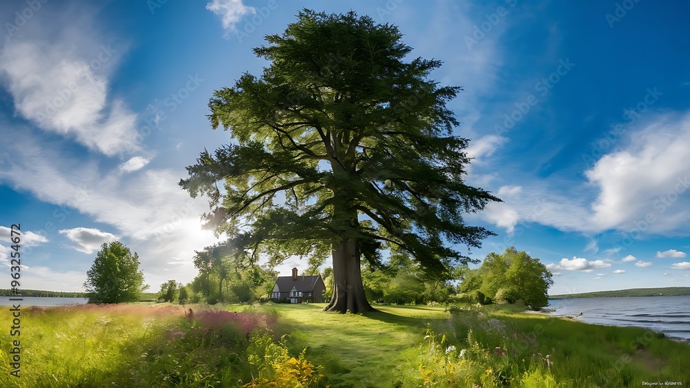 Obraz premium Sunny summer landscape panorama with tree. Clear and easy to use.