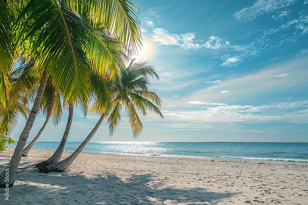 Naklejka premium Serene Beach Paradise: Palm Trees and Tranquil Waters Under a Clear Sky