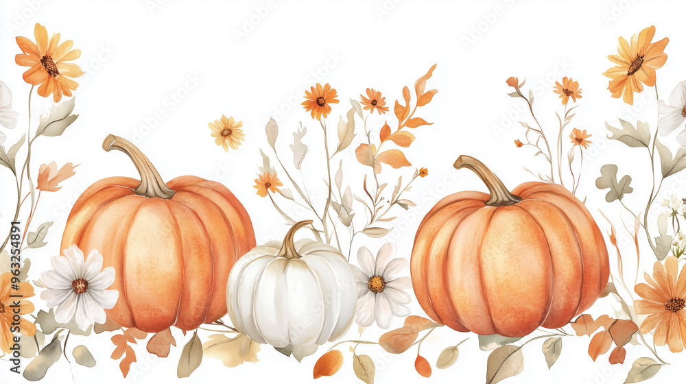 Watercolor autumn arrangement of pumpkins, fall flowers and leaves Watercolor autumn arrangement of pumpkins, fall flowers and leaves