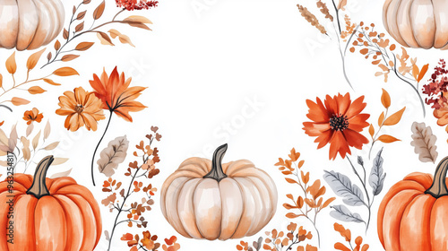 Watercolor autumn arrangement of pumpkins, fall flowers and leaves