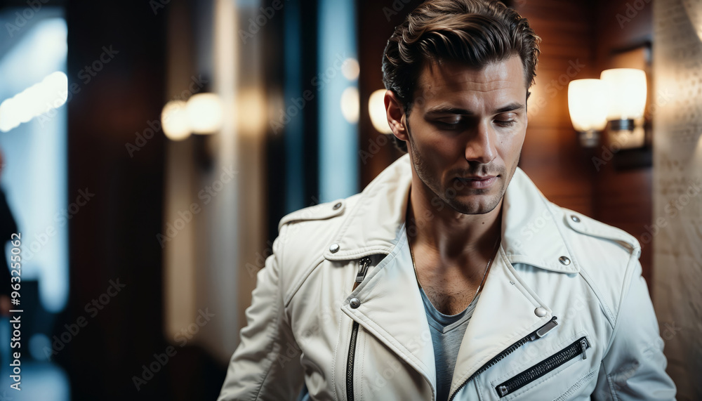 Obraz premium A handsome man with a Stylish White Leather Jacket
