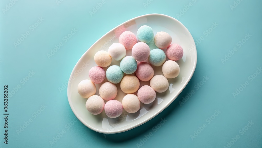 Dainty Mochi balls in shades of pastel pink and white, arranged in a loose pattern on a white ceramic platter, set against a subtle gradient of pale blue. Dainty Mochi balls in shades of pastel pink and white, arranged in a loose pattern on a white ceramic platter, set against a subtle gradient of pale blue.