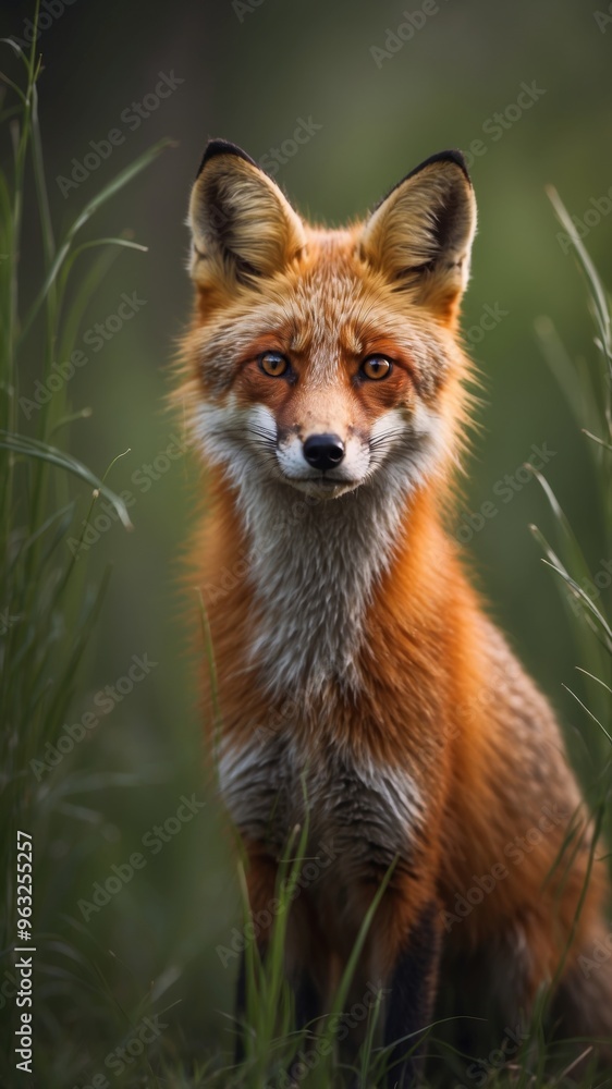 Fototapeta premium Curious Red Fox Peeks Through Tall Grass in Lush Forest Habitat.