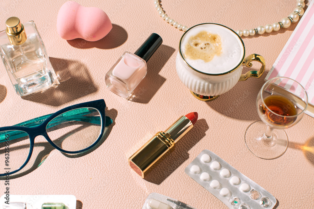 Morning mess on the cosmetic table of a girl or woman, cappuccino, make-up, drink, perfume
Morning mess on the cosmetic table of a girl or woman, cappuccino, make-up, drink, perfume