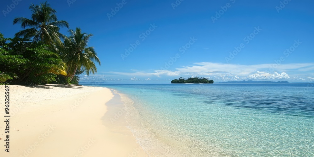 A peaceful tropical beach with an island visible in the distance. A peaceful tropical beach with an island visible in the distance.