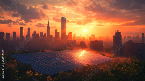 A stunning sunset view over a city skyline with solar panels reflecting vibrant colors, symbolizing sustainability and progress.