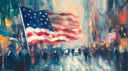 An oil painting of the us flag with swirling brush strokes that blend into an impressionistic view of a bustling american cityscape. Impressionistic. Illustration