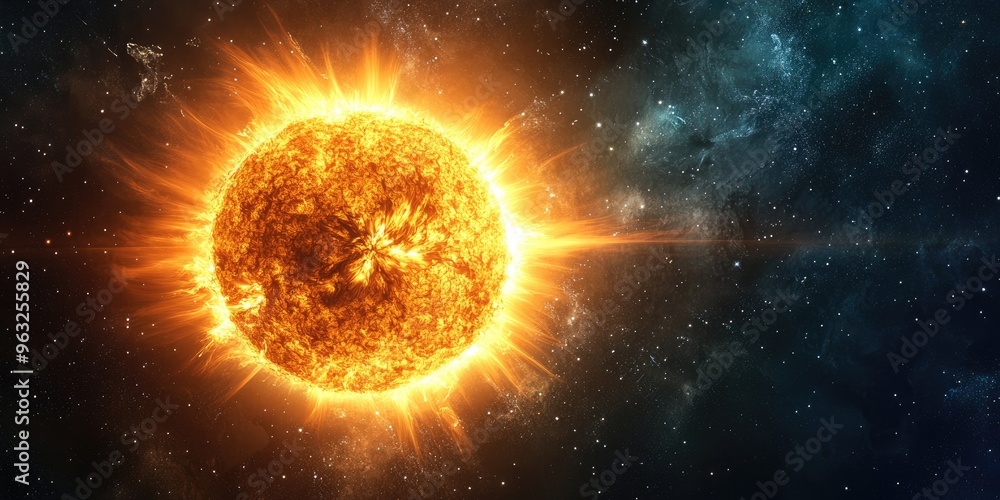 Fototapeta premium The sun radiating in space against a dark background.