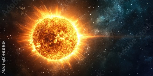 The sun radiating in space against a dark background.