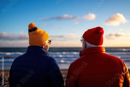 Two elderly men, clad in colorful winter hats and jackets, share a peaceful moment by the ocean, gazing at the waves under a beautiful sky. photo