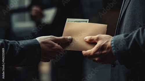A man giving bribe money in a brown envelope to another businessman in a corruption scam