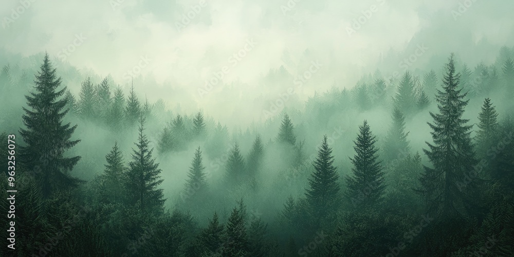 A misty view of a fir forest, evoking a nostalgic vintage feel. A misty view of a fir forest, evoking a nostalgic vintage feel.