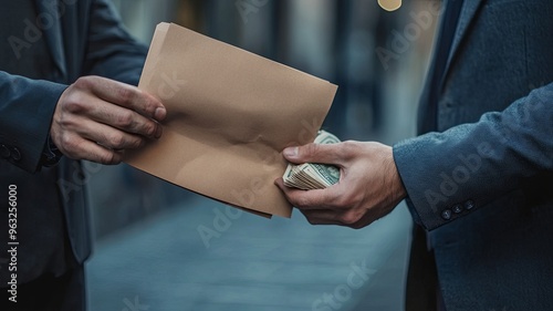 A man giving bribe money in a brown envelope to another businessman in a corruption scam