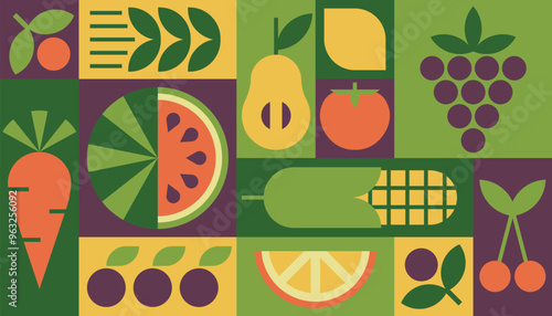 Background vector geometric healthy food fruits vegetables menu packaging