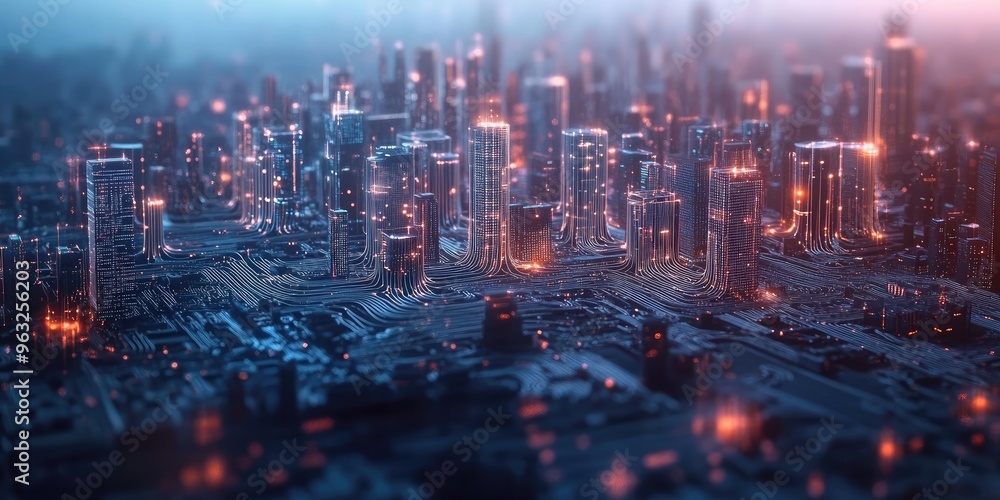 Smart city concept with dot connections and intricate wave patterns representing big data connectivity. Smart city concept with dot connections and intricate wave patterns representing big data connectivity.