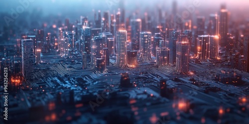 Smart city concept with dot connections and intricate wave patterns representing big data connectivity.
