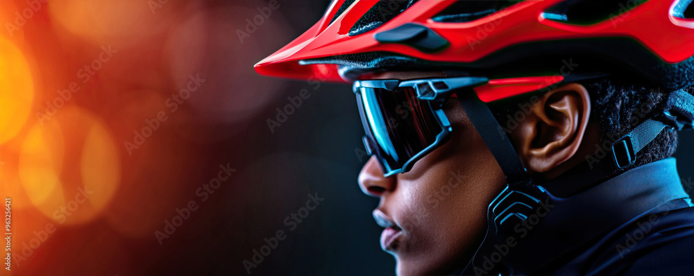 Profile view of a cyclist wearing a red helmet and sunglasses, showcasing determination and focus in an urban, vibrant environment. Profile view of a cyclist wearing a red helmet and sunglasses, showcasing determination and focus in an urban, vibrant environment.