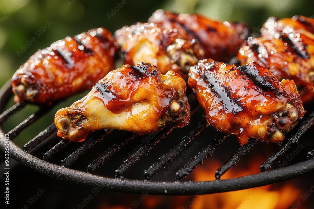 Juicy barbecue chicken wings grilling over open flames with char marks and a glossy glaze, capturing a smoky and savory flavor. Juicy barbecue chicken wings grilling over open flames with char marks and a glossy glaze, capturing a smoky and savory flavor.