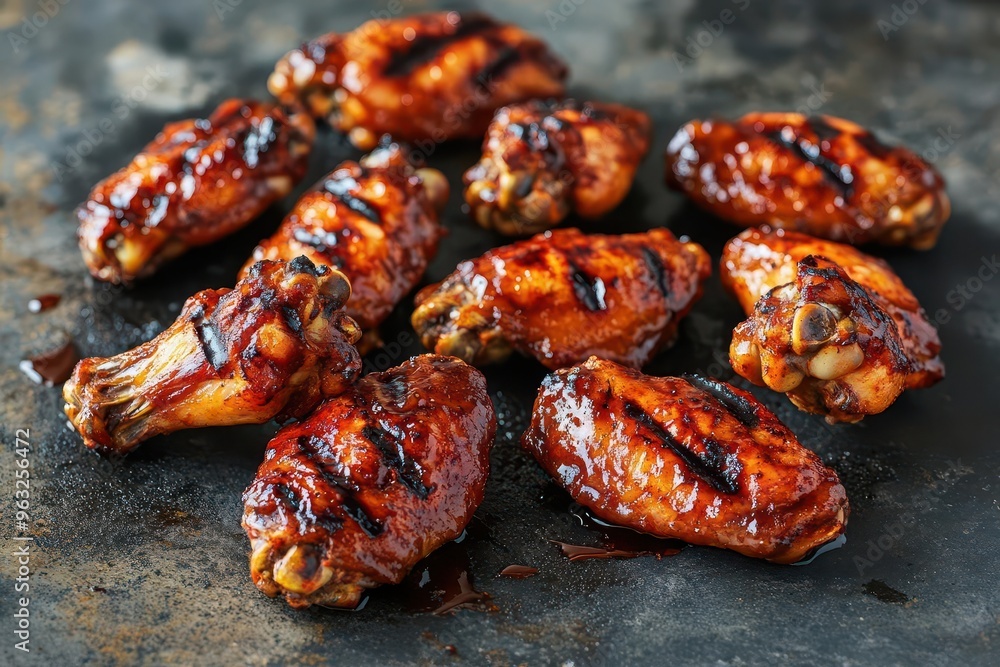 Delicious grilled barbecue chicken wings with a glossy glaze and char marks, showcasing a smoky flavor and crispy texture. Delicious grilled barbecue chicken wings with a glossy glaze and char marks, showcasing a smoky flavor and crispy texture.