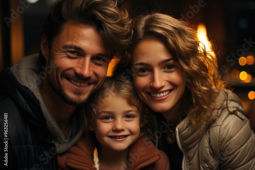 Beautiful smiling faces of people. A Happy Young Family of Three People, generative IA