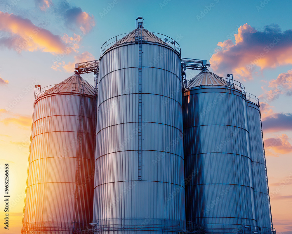Striking image of metallic silos against a vibrant sunset sky, showcasing agricultural storage and modern farming. Striking image of metallic silos against a vibrant sunset sky, showcasing agricultural storage and modern farming.