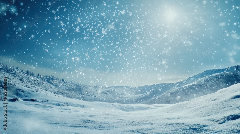 Snow-covered mountain range with a bright sky and falling snowflakes Snow-covered mountain range with a bright sky and falling snowflakes