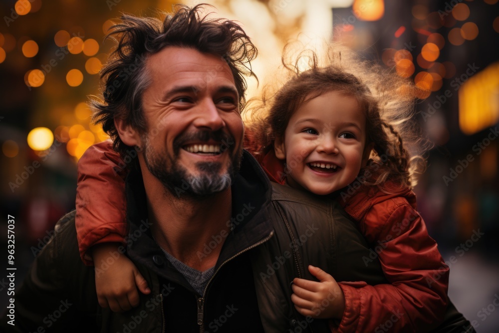 Father carrying his daughter on his back with his arms open, generative IA Father carrying his daughter on his back with his arms open, generative IA