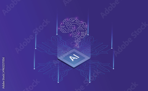 Artificial Intelligence, Isometric Vector banner for AI, Deep Learning, Machine Learning, and Technological Digital Brain Concepts,isometric banner,AI isometric, AI learning machine, ai icon.
