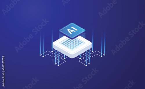 Artificial Intelligence, Isometric Vector banner for AI, Deep Learning, Machine Learning, and Technological Digital Brain Concepts,isometric banner,AI isometric, AI learning machine, ai icon.