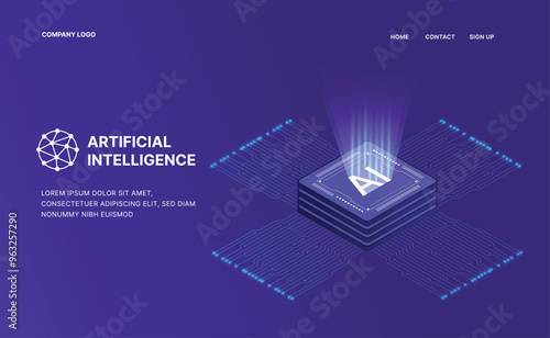 Artificial Intelligence, Isometric Vector banner for AI, Deep Learning, Machine Learning, and Technological Digital Brain Concepts,isometric banner,AI isometric, AI learning machine, ai icon.
