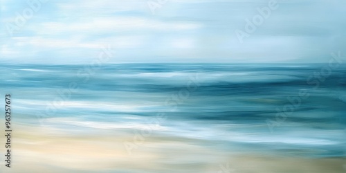 Abstract seascape featuring a blurred beach and ocean, with a focus on calm serenity.