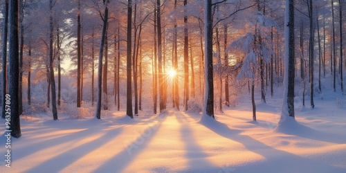 A winter sunset casting a warm glow through the trees in a snowy forest.