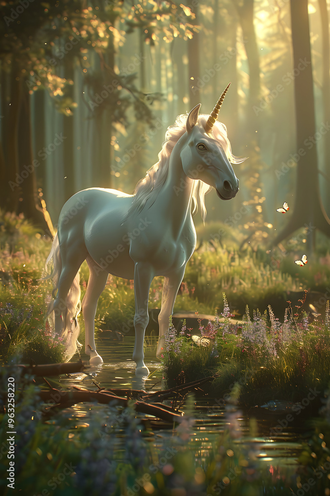 A Majestic Unicorn in an Enchanted Forest at Dawn with Translucent Butterflies and a Crystalline Stream A Majestic Unicorn in an Enchanted Forest at Dawn with Translucent Butterflies and a Crystalline Stream