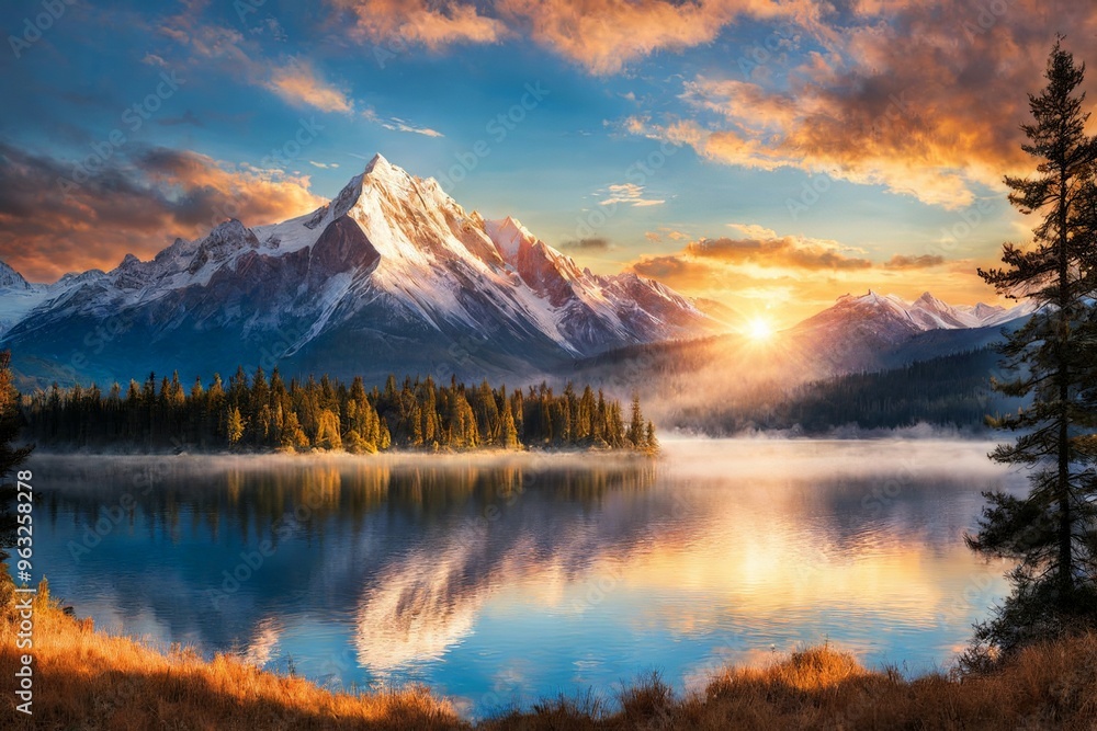 Sunrise in the mountains. Beautiful over lake. Sunrise in the mountains. Beautiful over lake.
